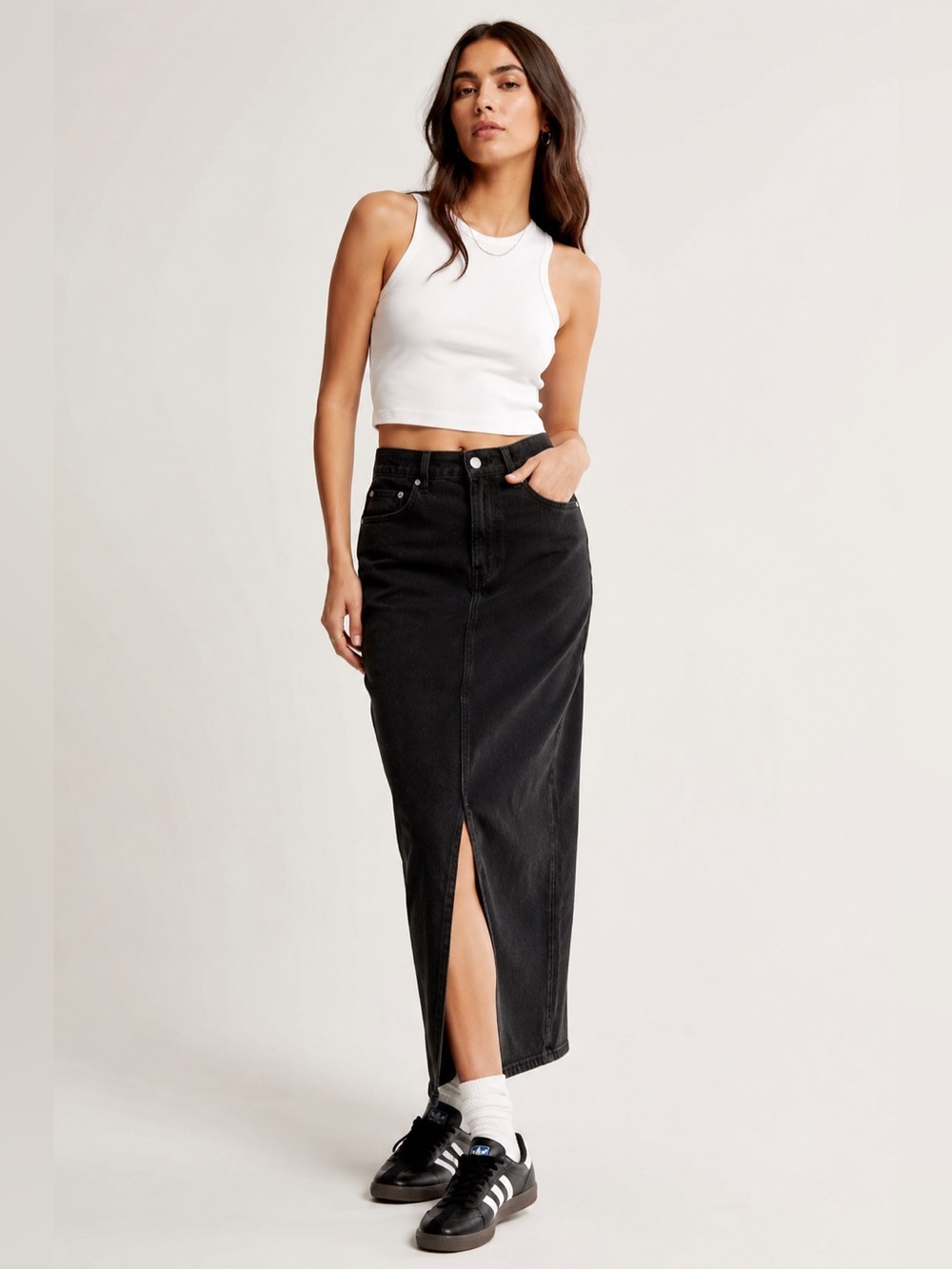 ASOS Design Denim Midi Skirt with Split Hem in Washed Black/Size 6